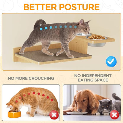 MeowHomm Cat Wall Shelves, Wood Wall Furniture with 3 Steps, Cat Feeding Shelf with 2 Food Bowls, Wooden Bed Furniture Wall Mounted
