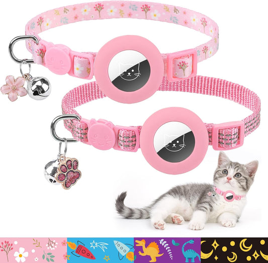 PUPTECK Airtag Cat Collar Breakaway 2 Pack with Bells, Reflective Kitten Collar with Air Tag Holder for Boy Girl Kitty and Puppies, Soft, Pink