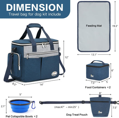 Dog Travel Bag for Pet Kit for Supplies with 2 Food Storage Containers 2 Collapsible Bowls 1 Feeding Mat 1 Dog Treat Pouch 7-Piece Set Perfect Road Trips Camping Weekend Doggy Gift, Navy Blue