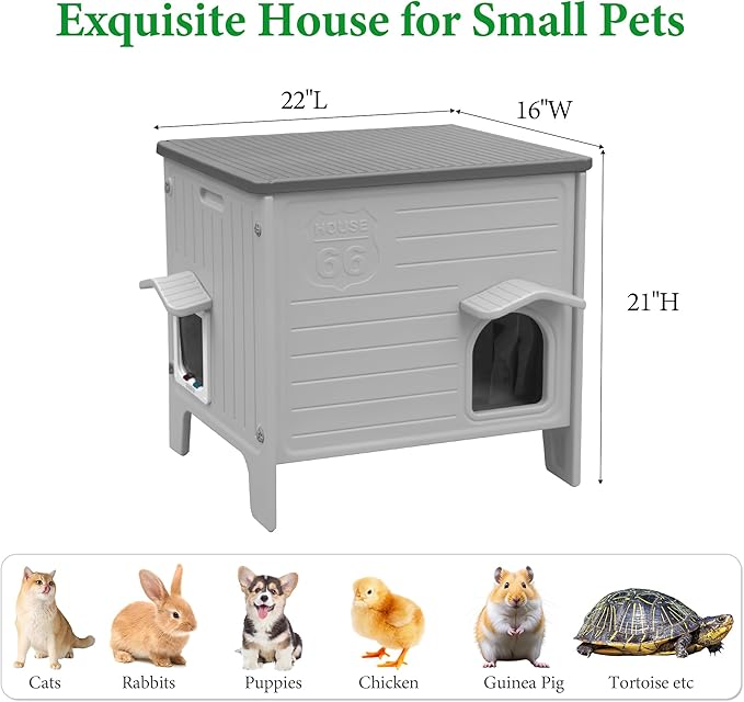 Cat House Outdoor Weatherpoof Plastic Cats Houses with Escape Door Indoor Waterproof Feral/Pet Cat Shelter Outside for Puppy, Rabbit(Grey)