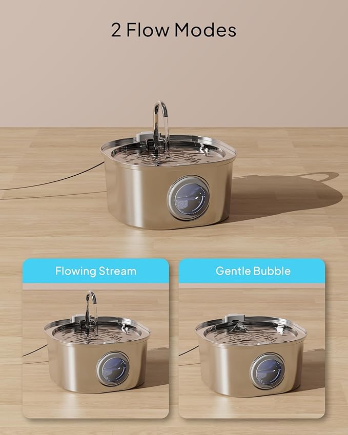 PEKTACO Cat Water Fountain, Pet Water Fountain for Cats/Dogs Indoor, Stainless Steel Cat Drinking Fountains with Water Level Window and 6 Filters + 6 Sponges(3.2L/108oz)