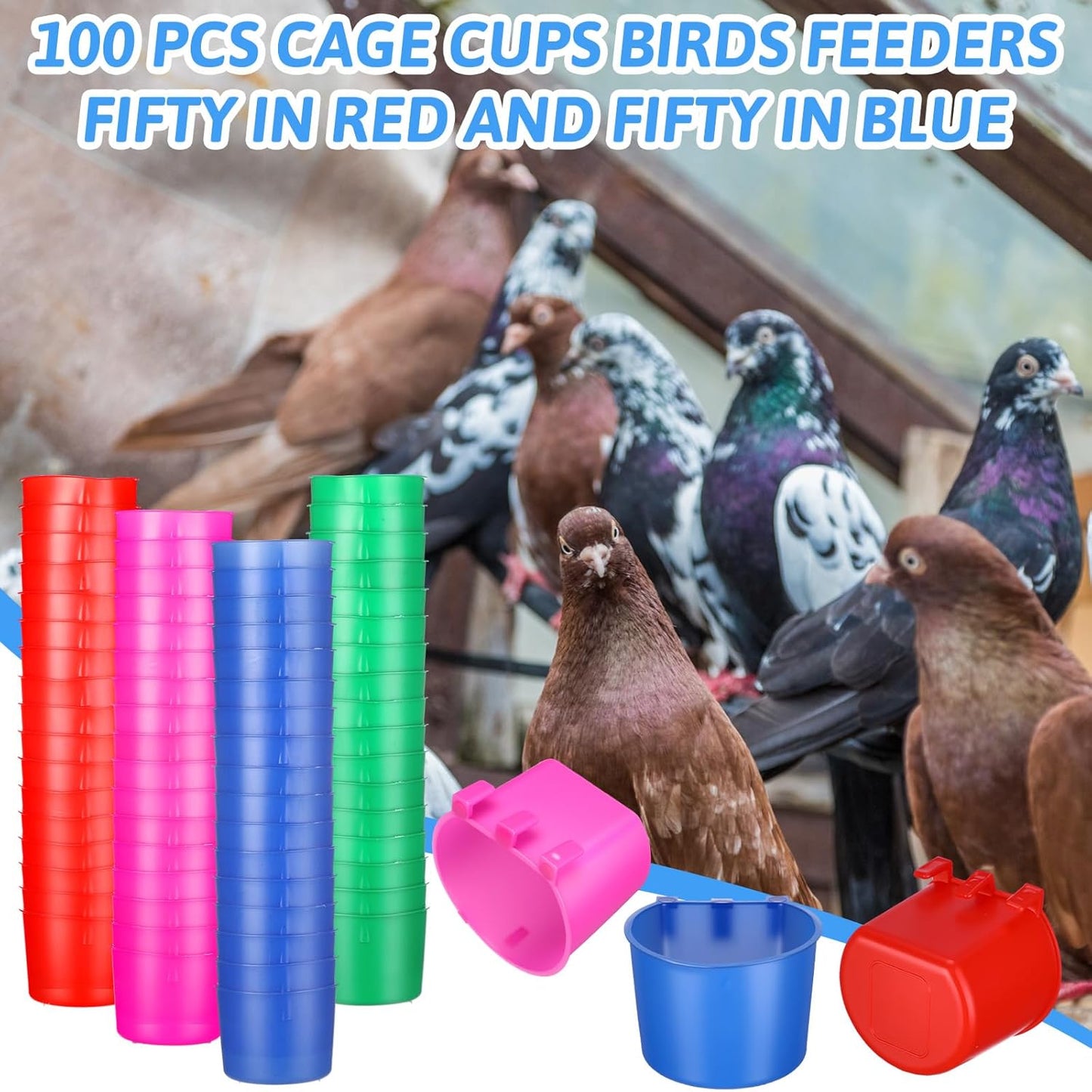 100 Pcs Cage Cups Chicken Feeder Cup 8 oz Hanging Bird Food Water Bowl Coop Bunny Cage Feeding Dish Game Fowl Supply for Poultry Pet Parrot Parakeet Rabbit Parakeet Pigeon(Blue, Red, Rose Red, Green)