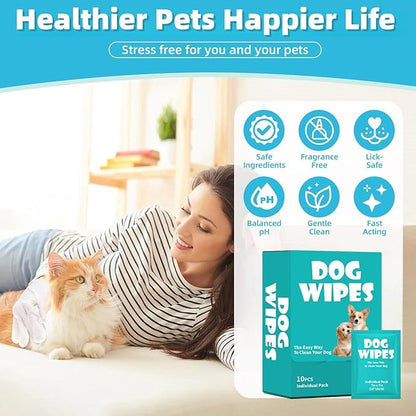 4 Pack Unscented Pet Wipes for Dogs & Cats Travel - 10 Individually Wrapped Waterless Cleaning Wipes per Box, Gentle Puppy Kitten Grooming Supplies for Outdoor, Paws & Fur Care (40 Count)