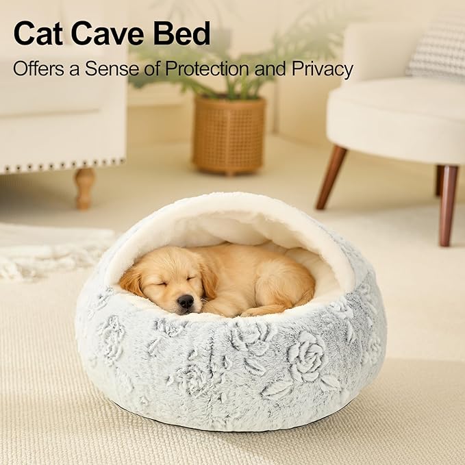 Calming Dog Beds & Cat Cave Bed with Hooded Cover,Removable Washable Round Beds for Small Medium Pets,Anti-Slip Faux Fur Fluffy Coved Bed for Improved Sleep,Fits up to 15/25 lbs(Rose,M)