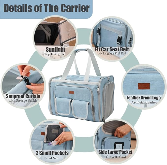 Cat Carriers Blue Soft Dogs Carrier Airline Approved Puppy Expandable Bag,Softsides,Expanded,Rabbit Bunny Pets Travel Bag Small Animals Outdoor Carry Kennel