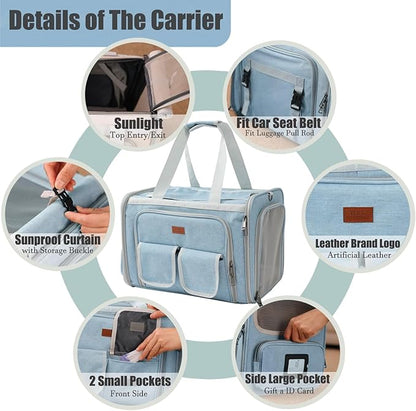 Cat Carriers Blue Soft Dogs Carrier Airline Approved Puppy Expandable Bag,Softsides,Expanded,Rabbit Bunny Pets Travel Bag Small Animals Outdoor Carry Kennel