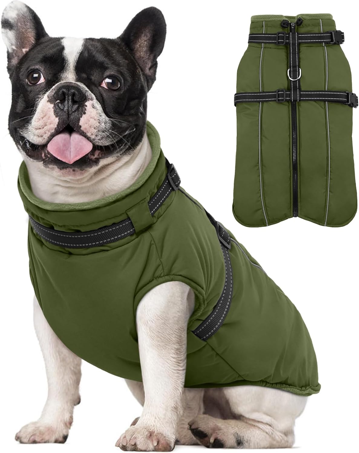 Lelepet Waterproof Dog Jacket with Harness Built in Warm Dog Winter Coat, Reflective Jacket Fleece Jacket, Dogs Coats for Small Dogs, Thermal Pet Snowsuit for Cold Weather, Yorkshire, Army Green, S