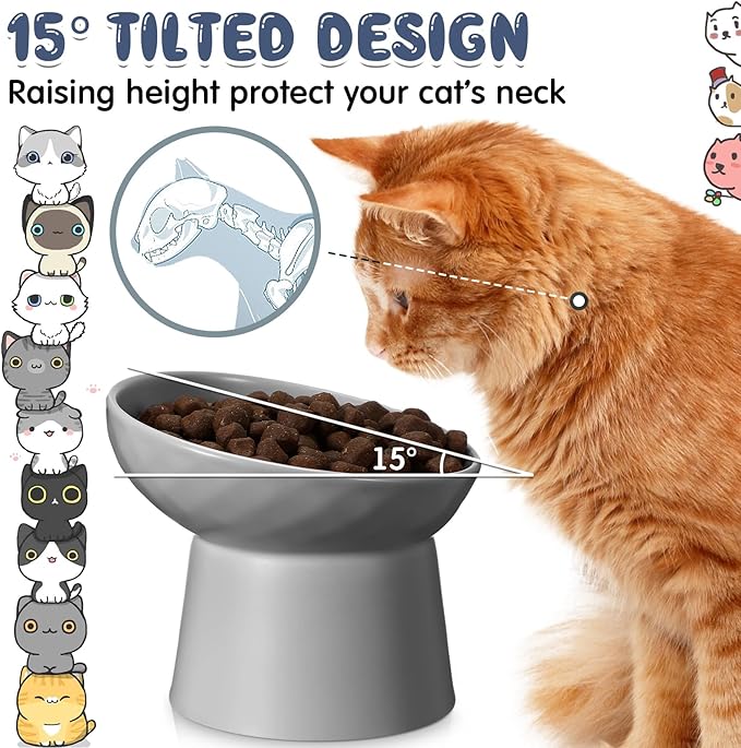 Tanlade 4 Pcs Ceramic Raised Cat Bowls, Elevated Tilted Cat Bowl, Stress Free, Backflow Prevention, Dishwasher and Microwave Safe for Indoor Kitten, Puppies(White and Grey)