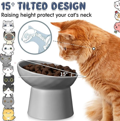 Tanlade 4 Pcs Ceramic Raised Cat Bowls, Elevated Tilted Cat Bowl, Stress Free, Backflow Prevention, Dishwasher and Microwave Safe for Indoor Kitten, Puppies(White and Grey)