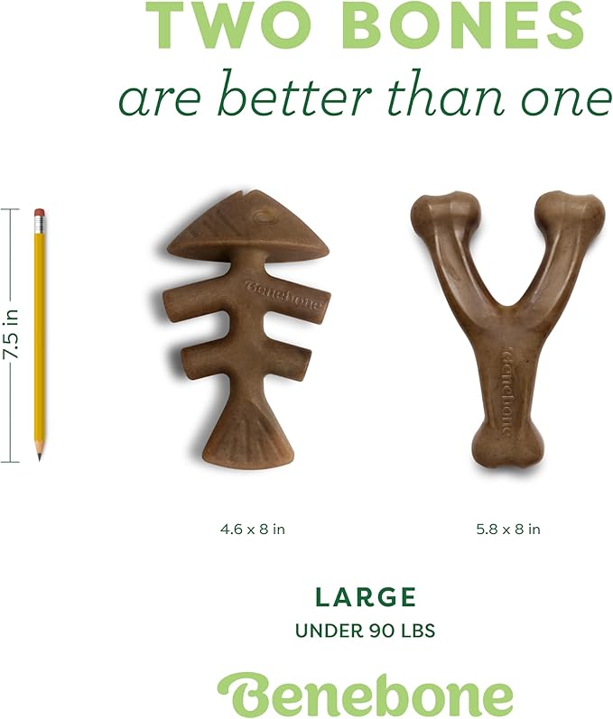 Benebone 2-pack Fishbone/Wishbone Durable Dog Chew Toys, Real Fish, Real Bacon, Made in USA, Large