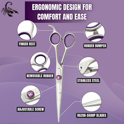 Kenchii Scorpion 7 Inch, Straight Grooming Scissors for Dogs and Pets - Premium Steel Scissors for Dog Grooming - Dog Shears Pet Grooming Accessories - Pet Hair Trimming Scissor