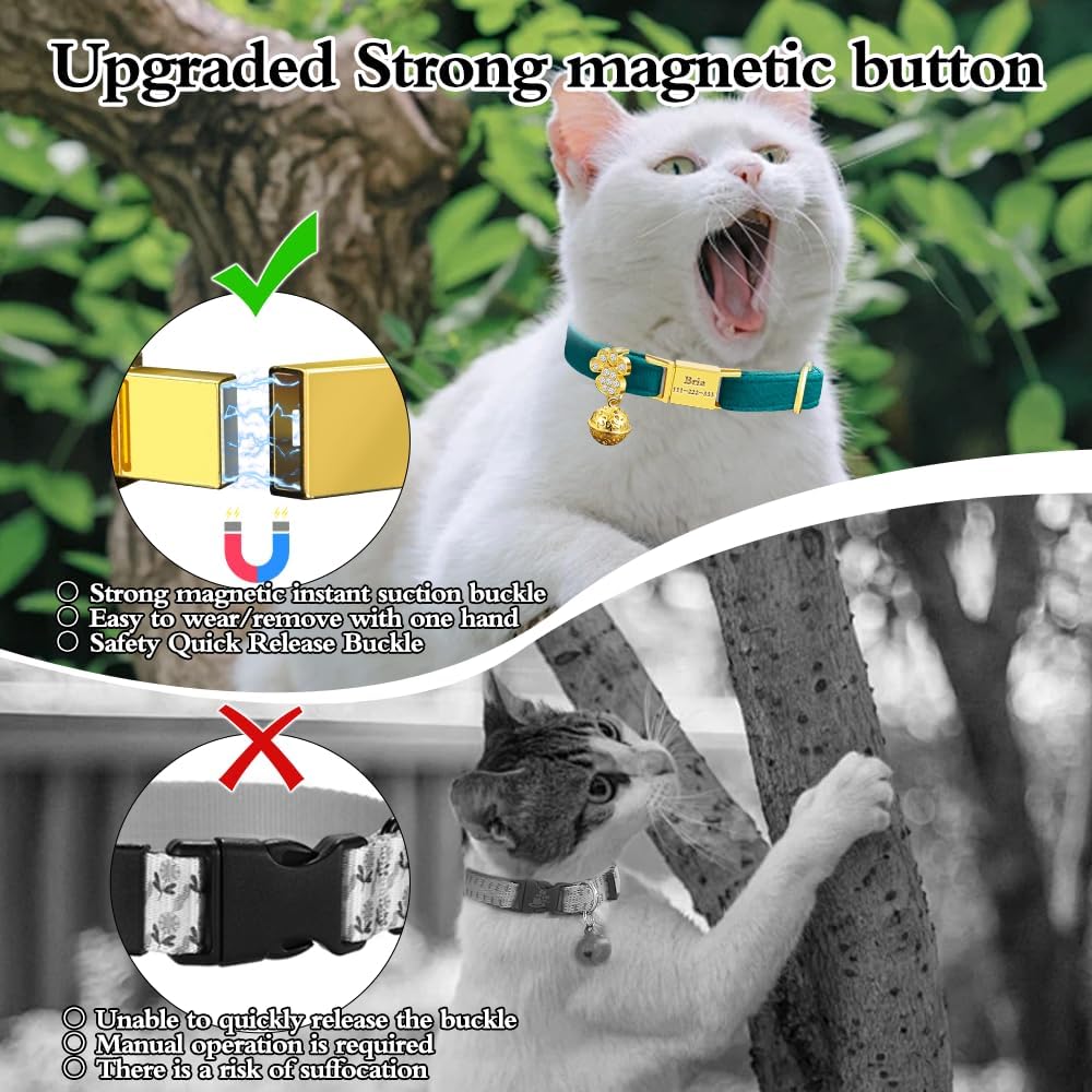Personalized Breakaway Cat Collars - Magnetic Buckle, Bell - Safety Quick Release, Customized for Girls & Boys Cats- (Velvet-Green)