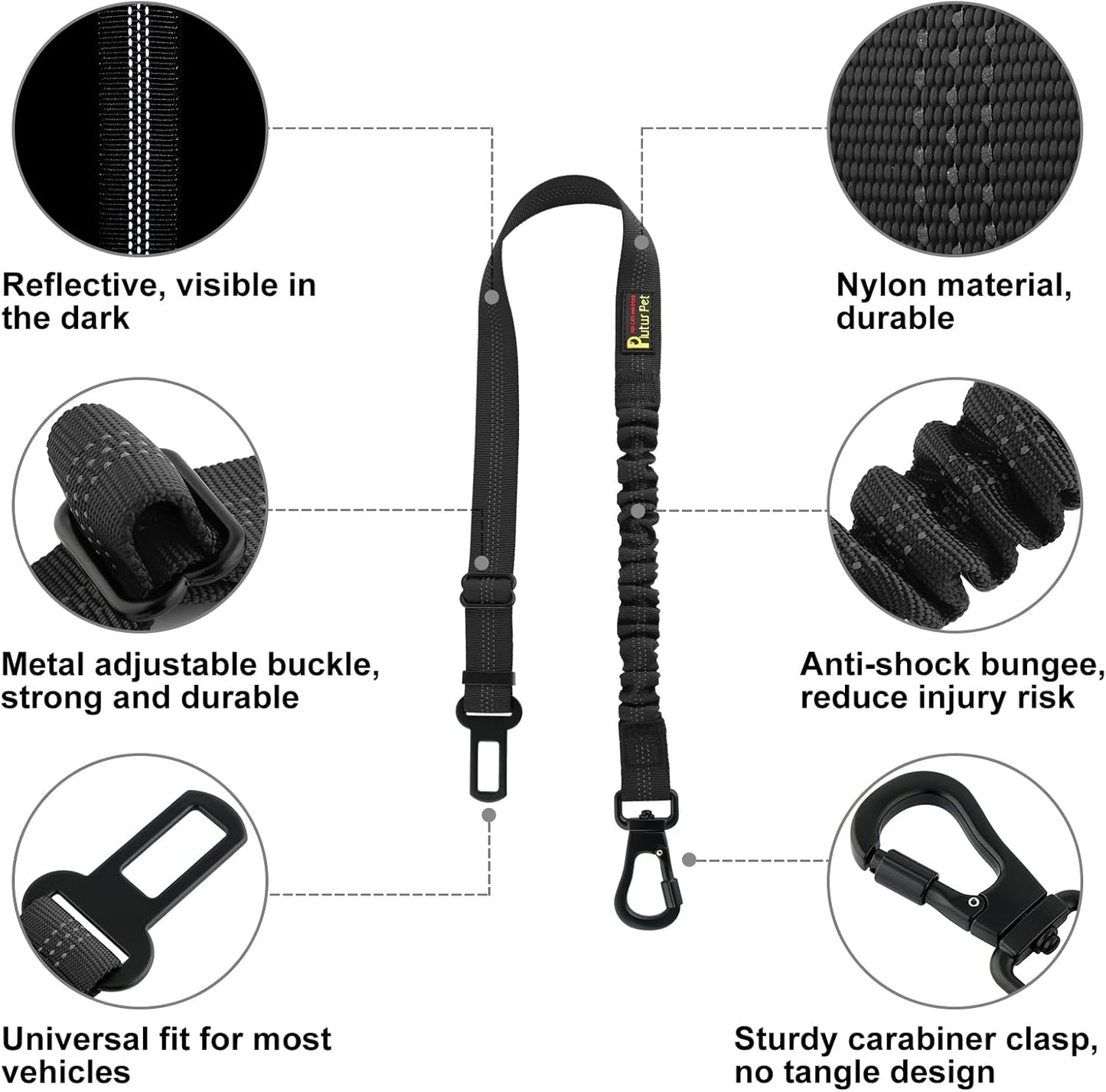 Plutus Pet Dog Seat Belt for Car, Adjustable Dog Car Harness with Carabiner Clip, Reflective Safety Dog Seatbelt Leash with Elastic Bungee, Black