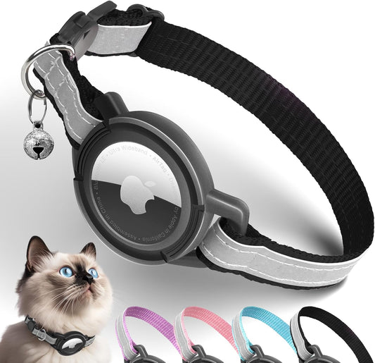 Airtag Cat Collar Breakaway, Odokele Reflective Cats Collars with Apple Air Tag Holder for Kitten, Cat GPS Tracker Adjustable Collars with Safety Quick Release Buckle for Kitties and Puppies - Black