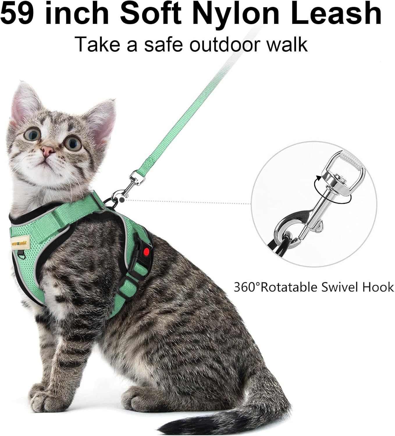 Cat Harness and Leash for Walking, Retractable Cat Harnesses and Leash Set Escape Proof, Breathable Soft Kitten Small Large Harness for Travel Training and Walking, Green, M