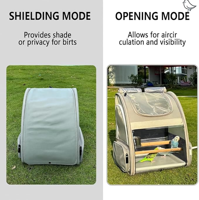 Bird Carrier,Travel Bird Cage,Bird Backpack for Small Birds Parakeet,Canary,Parrot, Finches,Cockatiel.Portable Outdoor Bird Bag with 2 Wooden Perch, Double-Clamp Cup, Detachable Poop Tray (Gray)