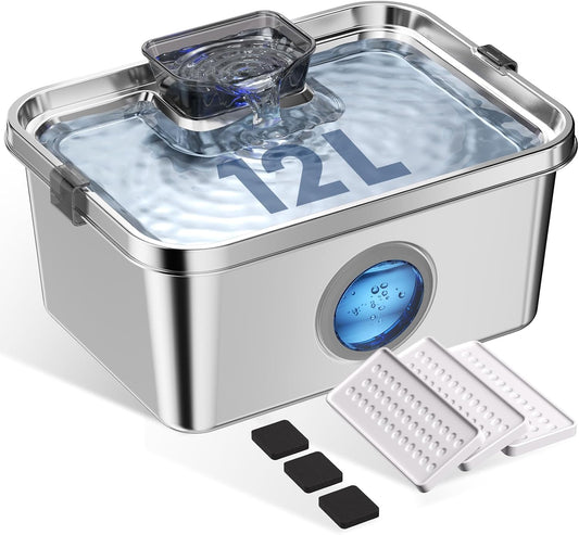 3.2Gal/12L Dog Water Fountain Stainless Steel, Dog Fountain Water Bowl with Dual-Latch, Pet Fountain for Dogs Cats and Multi-Pet, Automatic Dog Water Bowl Dispenser With Water Window, Ultra Quiet Pump