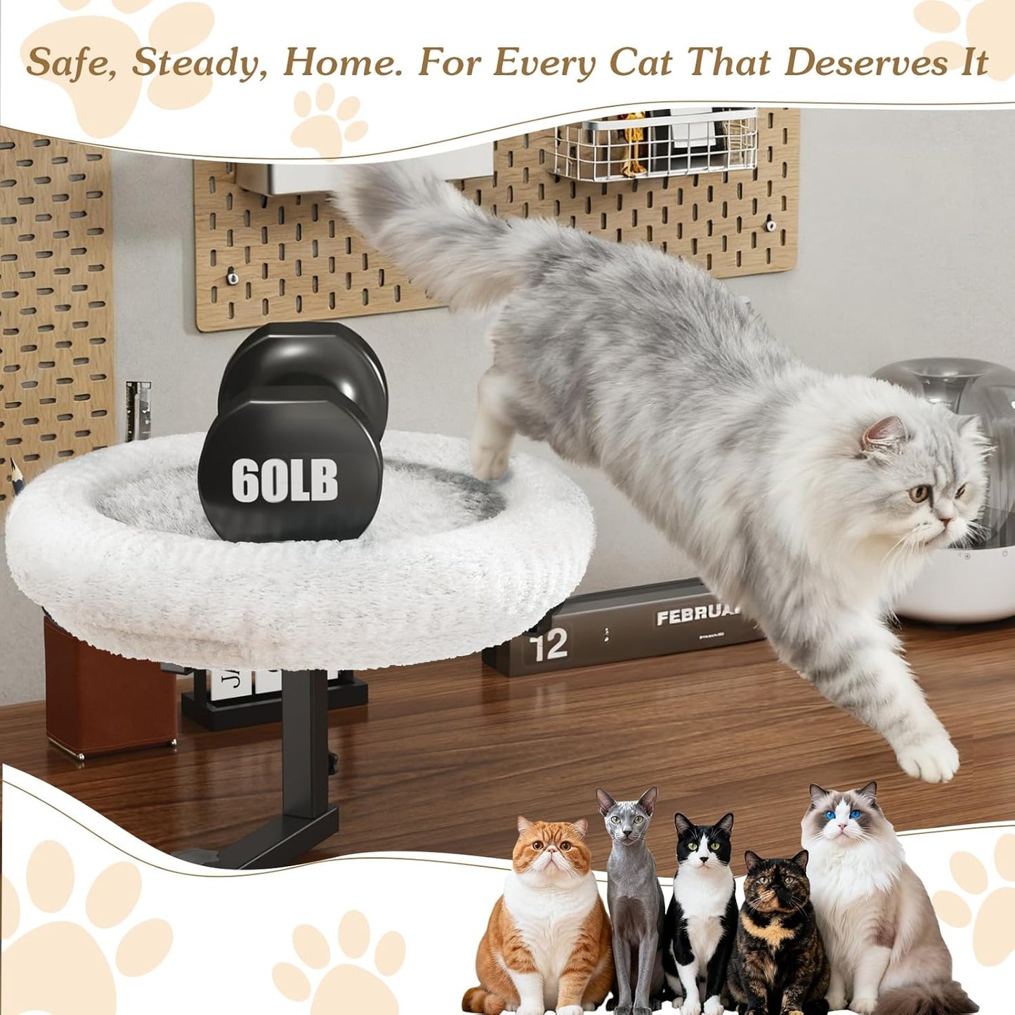 Adjustable Cat Desk Bed, 360° Rotatable Elevated Desk Cat Bed for Home Office, Space-Saving Design Table Supports Up to 60 lbs, Soft Faux Fur Bed with Removable Washable Cover (Beige)