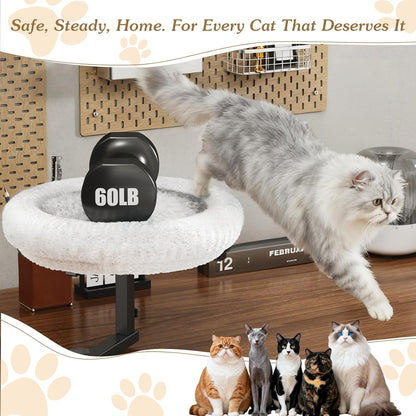 Adjustable Cat Desk Bed, 360° Rotatable Elevated Desk Cat Bed for Home Office, Space-Saving Design Table Supports Up to 60 lbs, Soft Faux Fur Bed with Removable Washable Cover (Beige)