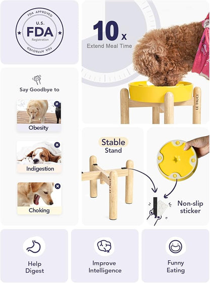 LE TAUCI Ceramic Slow Feeder Dog Bowls Elevated, 0.6 Cups Raised Dog Bowl with Wooden Stand for Small Breed, Pet Dishes to Slow Down Eating, Puzzle Cat Food Bowl, Star Yellow