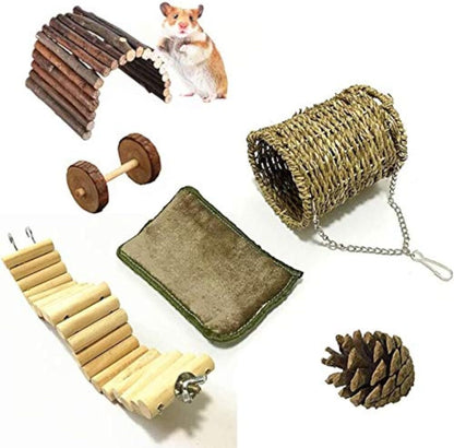 Leeko Pet Hammock Hamster Hanging Toy, 5 Piece Set House Hanging Bed Cage Toys for Small Animal Sugar Glider Squirrel Chinchilla Hamster Rat Playing Sleeping