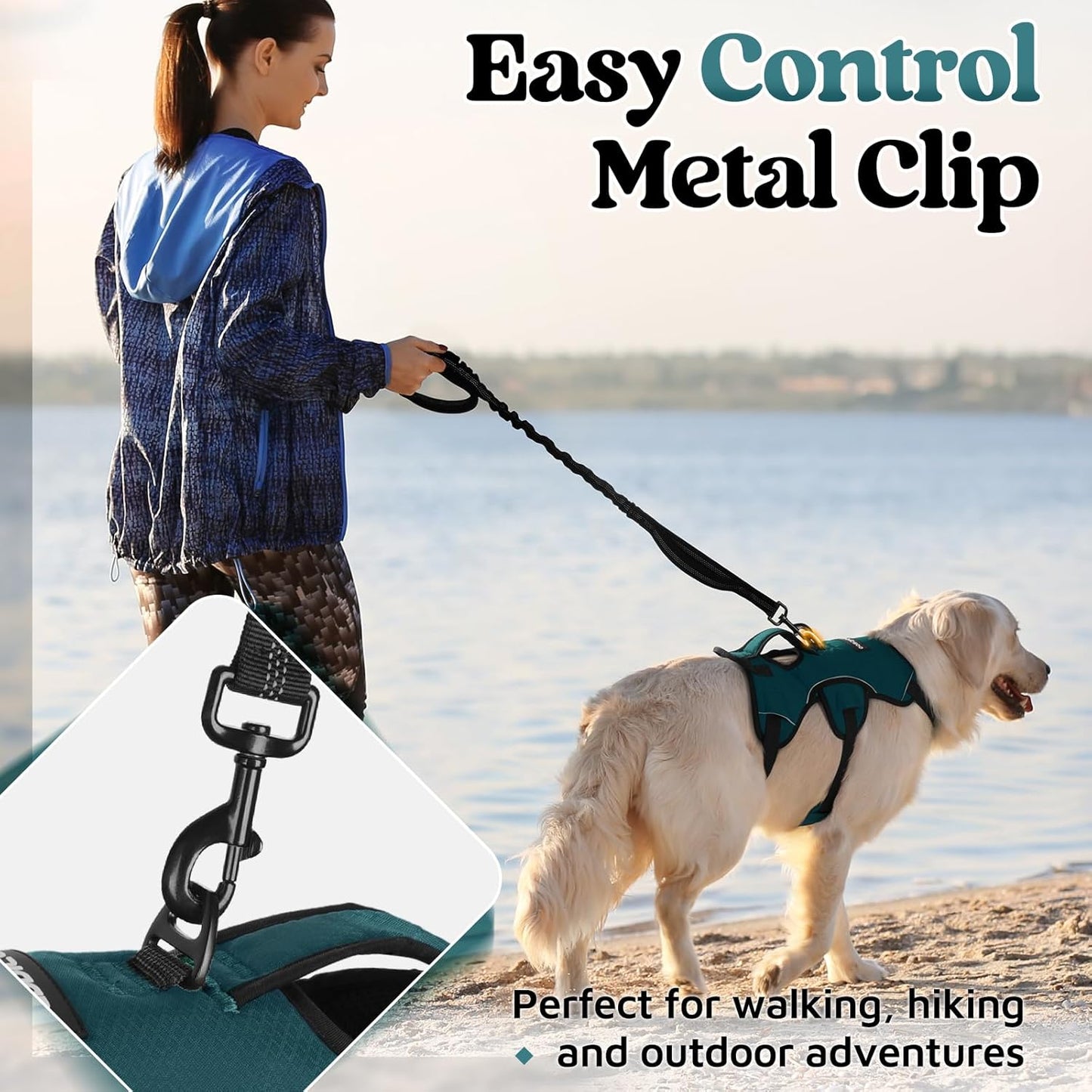 rabbitgoo Escape Proof Dog Harness, Soft Padded Full Body Pet Harness, Reflective Adjustable No Pull Vest with Lift Handle and Leash Clip for Large Dogs Walking Hiking Training, Dark Green, L