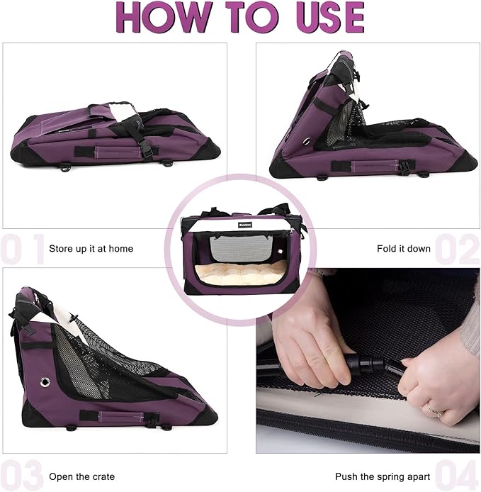 Large Cat Carrier, Collapsible Dog Travel Crate Portable Soft-Sided Pet Carrier with Super Soft Warm Plush Mat for Indoor and Outdoor 24x16x16in,Purple