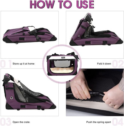 Large Cat Carrier, Collapsible Dog Travel Crate Portable Soft-Sided Pet Carrier with Super Soft Warm Plush Mat for Indoor and Outdoor 24x16x16in,Purple