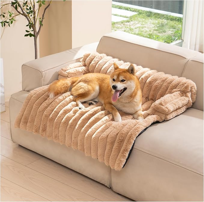 Avont Dog Bed Mat for Couch, Warm Fluffy Calming Sofa Topper Furniture Protector for Small Medium Large Dogs Cats with Removable Washable Cover -Brown(M)