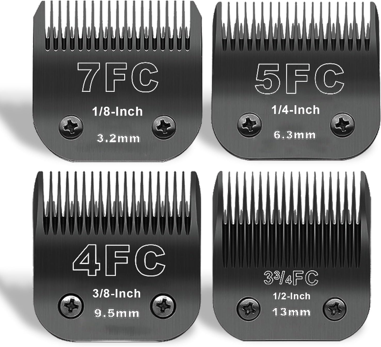 Black Detachable Pet Dog Grooming Clipper Stainless Steel Blades Set,Compatible with Andis,Oster A5,Wahl KM10 Series Clippers,4 Pack (7FC+5FC+4FC+3FC)