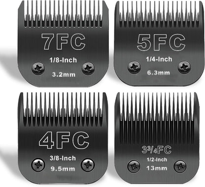 Black Detachable Pet Dog Grooming Clipper Stainless Steel Blades Set,Compatible with Andis,Oster A5,Wahl KM10 Series Clippers,4 Pack (7FC+5FC+4FC+3FC)