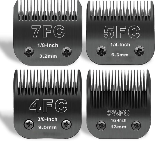 Black Detachable Pet Dog Grooming Clipper Stainless Steel Blades Set,Compatible with Andis,Oster A5,Wahl KM10 Series Clippers,4 Pack (7FC+5FC+4FC+3FC)