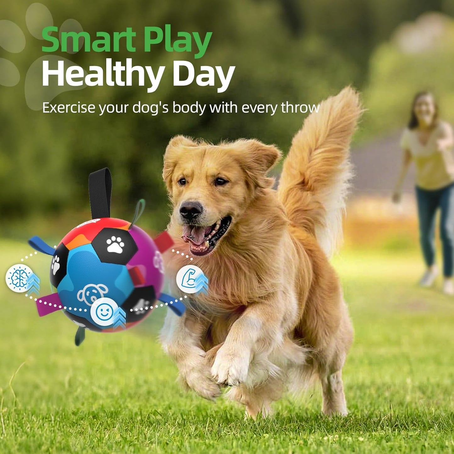 QDAN Dog Soccer Ball, Dog Balls with Straps, Outside Dog Toys for Small Medium Pets, Birthday Gift Toy, Soccer Ball for Dogs with Tags, Herding Balls Toys (6 Inch)