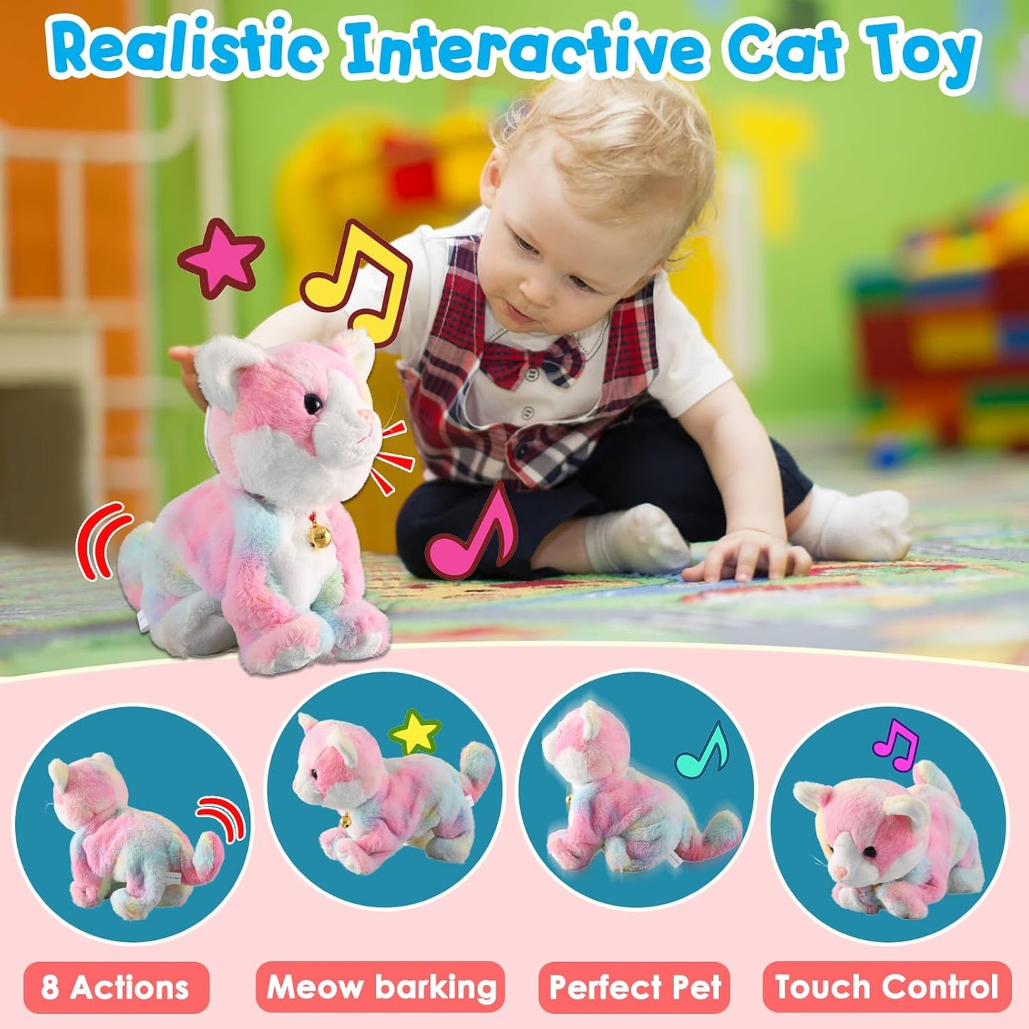 Colorful Plush Robot Cat Stuffed Animal Interactive Cat Robot Toy, Robotic Cat Barking Meow Kitten Touch Control, Animated Kitty Cat Pet, Robot Kitty Toy for Baby Birthday H:12"