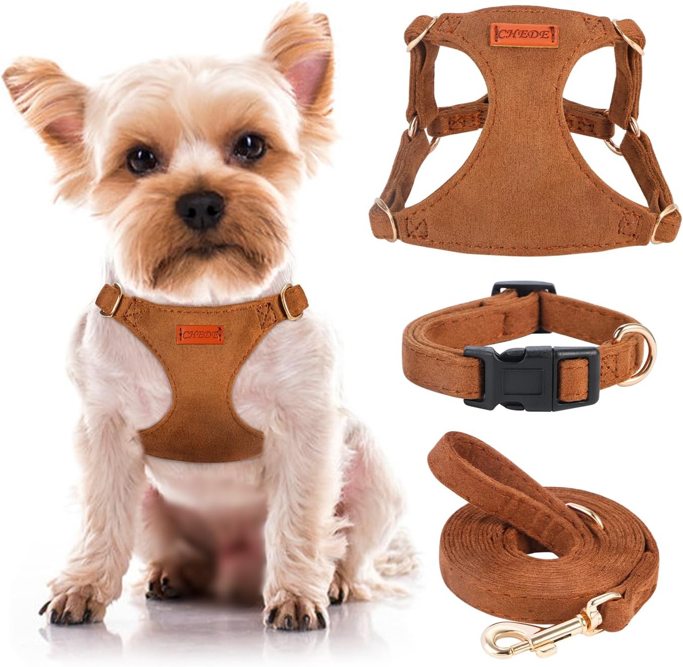 No Pull Dog Harness- Lightweight, Soft, Adjustable Small Harness Collar and Leash Set, Suitable for Cats Puppy Small and Medium-Sized Dog Outdoor Training and Running (Brown, XXS)