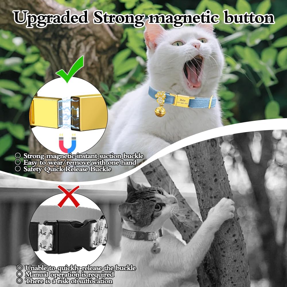Personalized Breakaway Cat Collars - Magnetic Buckle, Bell - Safety Quick Release, Customized for Girls & Boys Cats- (Velvet-Sky Blue)
