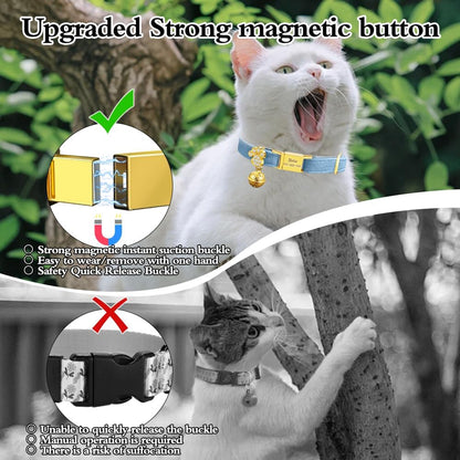 Personalized Breakaway Cat Collars - Magnetic Buckle, Bell - Safety Quick Release, Customized for Girls & Boys Cats- (Velvet-Sky Blue)
