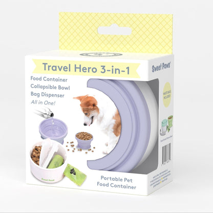 Sweet Paws Travel Hero 3-in-1 Portable Pet Food Container, Silicone Water Bowl, and Poop Bag Dispenser in One, Lavender Cream
