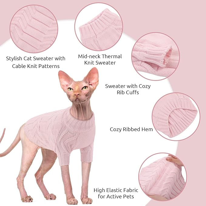 ASENKU Cat Sweater Soft Warm Puppy Clothes Knitwear for Kittens & Small Dogs, Thick Knitted Sweater for Sphynx Hairless Cats Teacup Chihuahua and Extra Small Dogs (Pink, L)