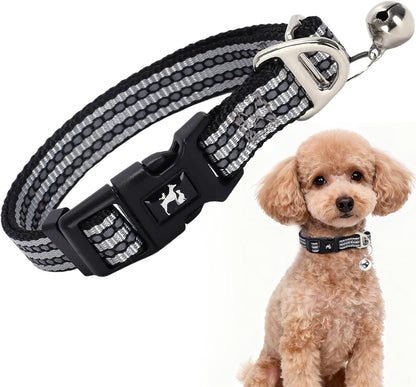 Reflective Dog and Cat Collar with Bell - Hypoallergenic Adjustable Puppy Collar for Small Pets, Soft Nylon Night Safety with Reflective Strips (Silver, XS)
