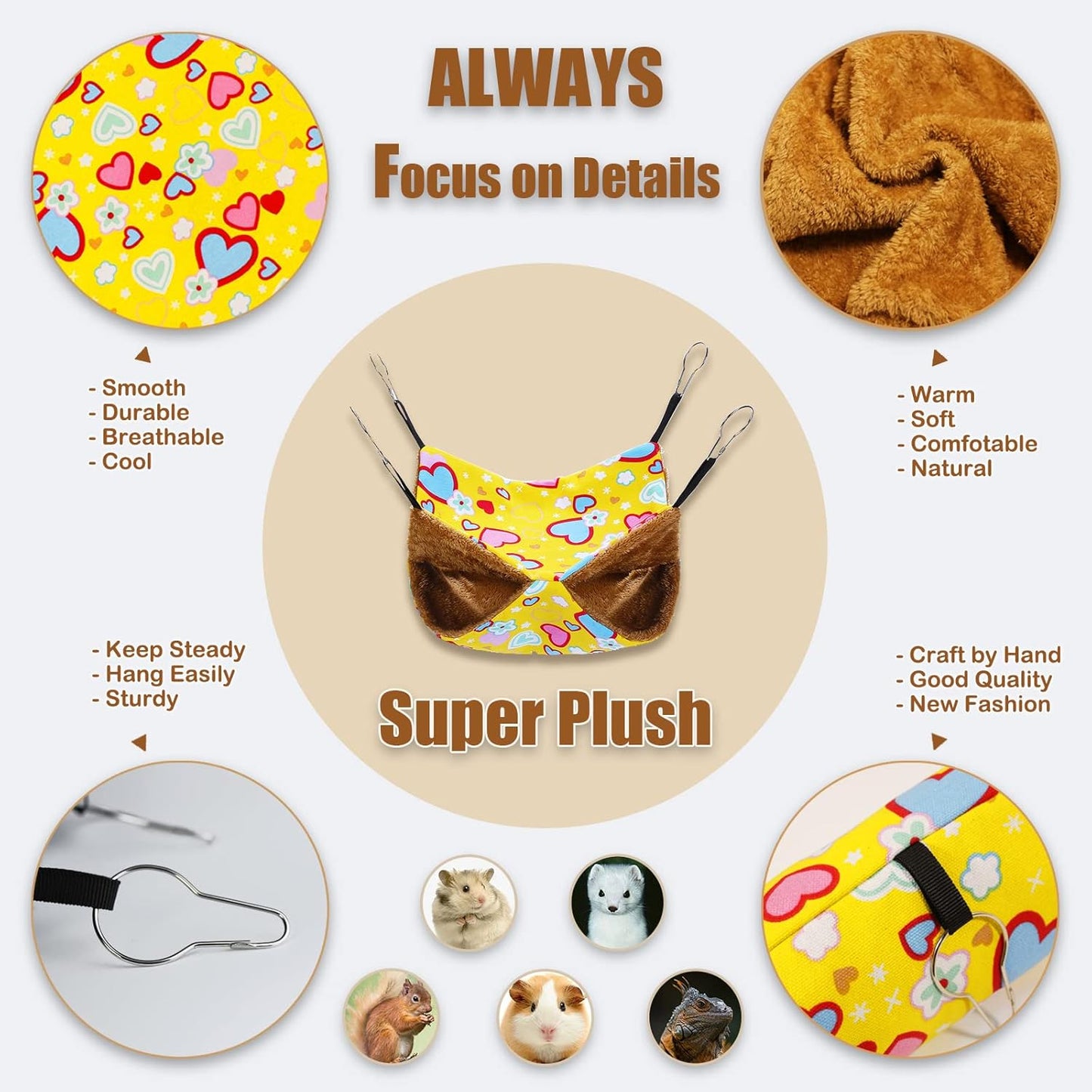 Ferret Rat Hammock Guinea Pig Hideout Toys Large Soft Small Animal Bed Sugar Glider Chinchilla Squirrel Hammock Set for Cage Accessories Pet House Hamster Hang Tunnel and Tube,2 Pack,Yellow