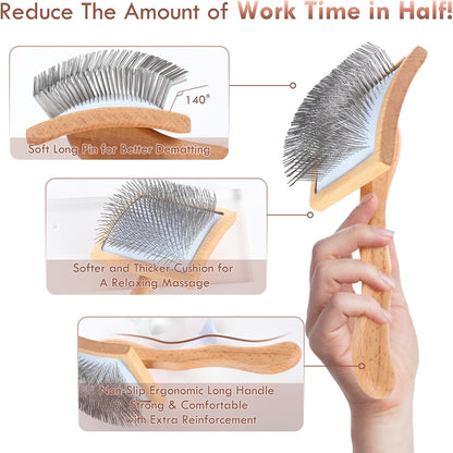Large Dog Brush for Medium or Long Haired Dogs, Long Pin Slicker Brush for Removes Loose Hair, Tangles and Knots, Best Grooming Brush for Small Animals, Free Pet Comb, Wood