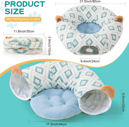 Cat Tunnel Bed with Soft Cushion, Cat Donut Tunnels for Indoor Cats, Peekaboo Cat Cave Toy, Multifunctional Playground Toys for Kittens, Rabbit, Blue Jacquard Pattern