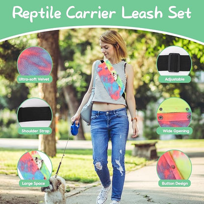 Bearded Dragon Leash and Harness Set, Adjustable Bearded Dragon Carrier Sling Leash and Carrier, Lizard Reptile Small Pet Training Leashes and Beardie Snuggle Sling Bag for Outdoor Travel (Rainbow)