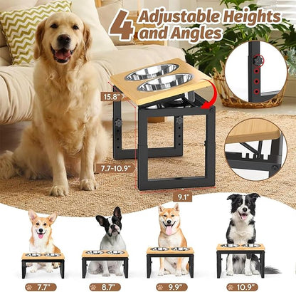 Dog Bowls Elevated, 4 Height & Angle Adjustable Raised Dog Bowl Stand, Elevated Dogs Bowl Stand for Medium Sized Pet, Sturdy Bamboo Dogs Feeding Station with 2X 48oz (6cup) Stainless Steel Dishes
