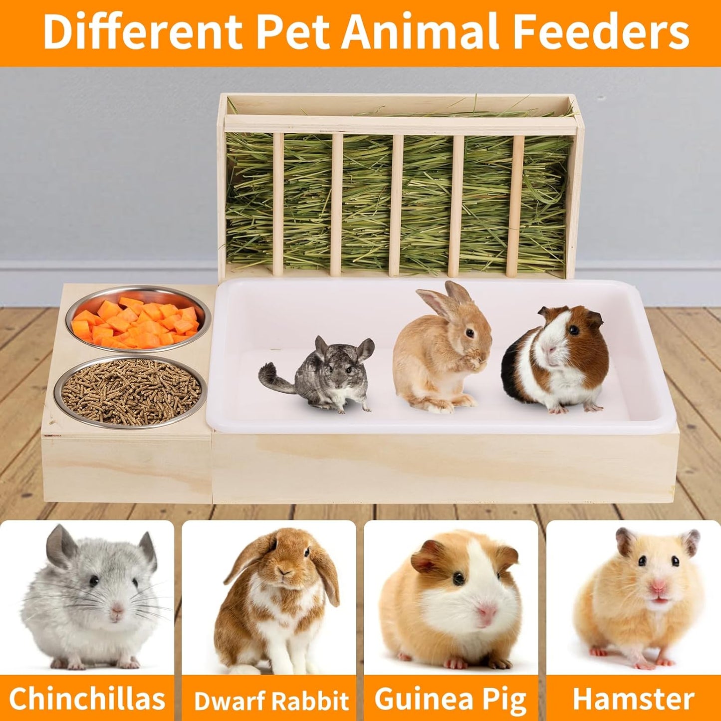 3 in 1 Rabbit Litter Box with Hay Feeder and Bowls - Wooden Rabbit Hay Feeder for Guinea Pig, Hamster, Small Animals