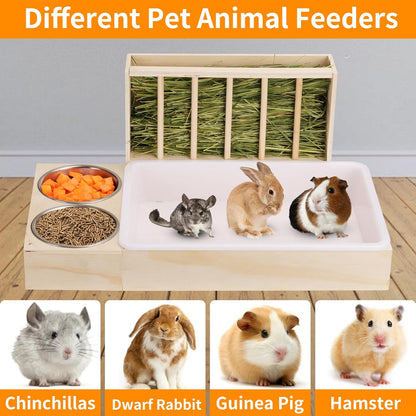 3 in 1 Rabbit Litter Box with Hay Feeder and Bowls - Wooden Rabbit Hay Feeder for Guinea Pig, Hamster, Small Animals