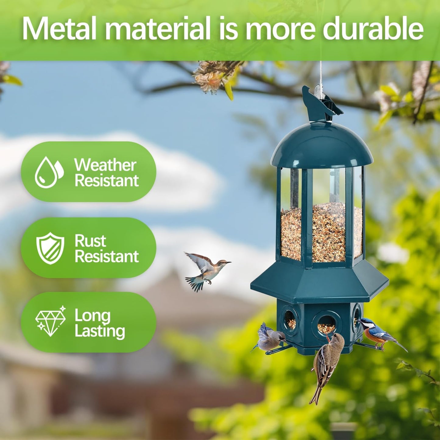 Professional Squirrel Proof Bird Feeders Large Capacity 5.06 lbs, Reliable and Rust Resistant Metal Bird Feeding Station for Prevents Squirrels from Stealing Food and Easy Refilling Blue