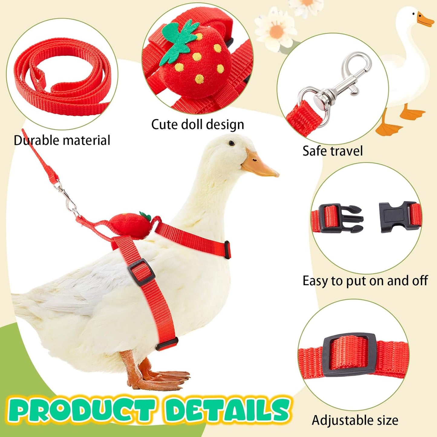 Duck Harness Leash Set Duck Harness and Leash for Real Ducks Adjustable Walking Rope Pet Cute Pattern Outdoor Traction Rope for Chicken Rabbit Small Animals(M,Strawberry)