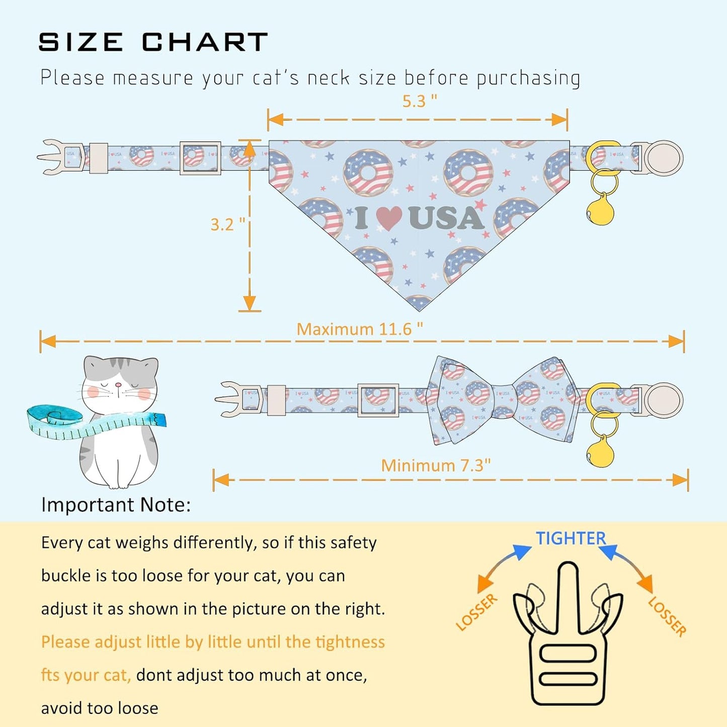 Faygarsle 2 Pack Patriotic Cat Collar Set with Bandana and Bow Tie, USA Flag Donuts Pattern, Light Blue